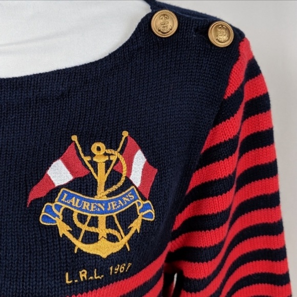 RALPH LAUREN Nautical Embroidered Flag Crest Sweater Red & Blue Striped XL NWOT! - Picture 10 of 10